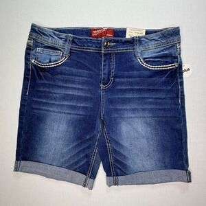 Arizona Jeans Women's‎ 14 Plus Blue Denim Bermuda Shorts Rhinestone Cuffed